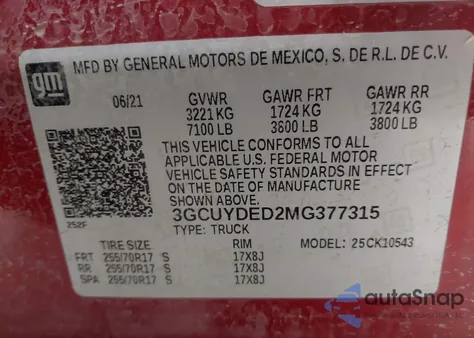 2021 Chevrolet Silverado 1500 4Wd Short Bed Lt из США, поврежденный, VIN 3GCUYDED2MG377315